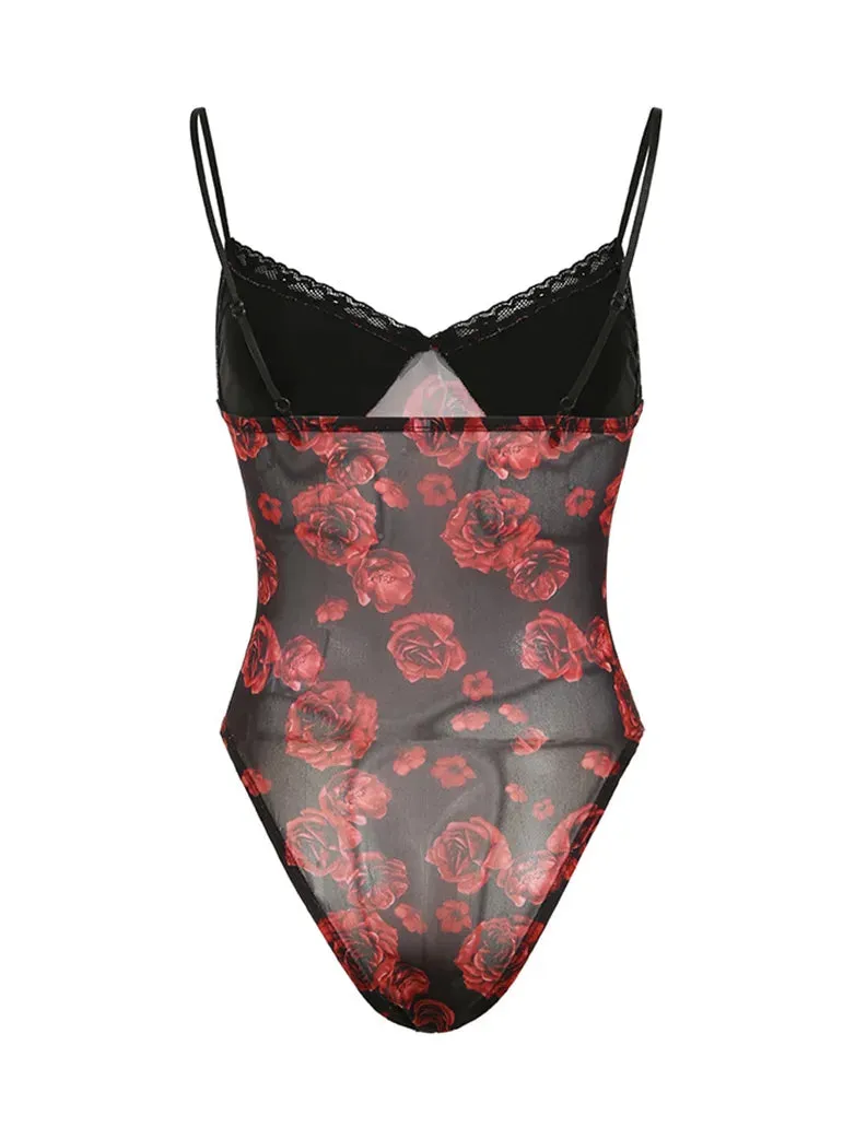 Scarlet Darkness Bodysuit Stretch Rose Mesh Camisole