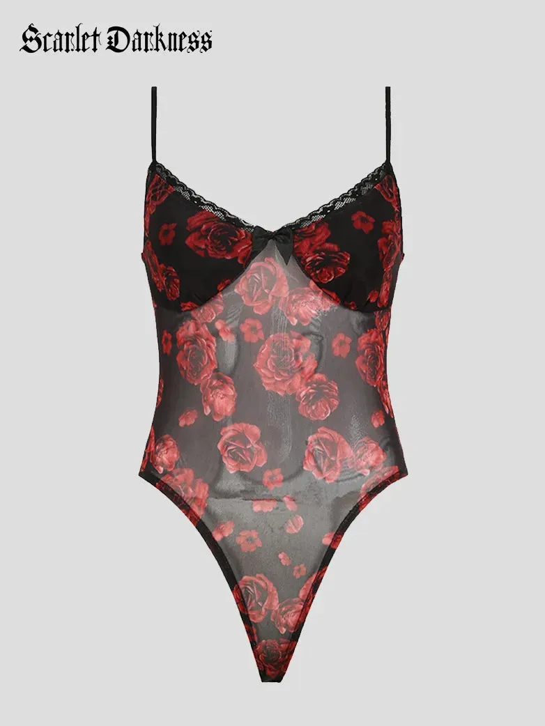 Scarlet Darkness Bodysuit Stretch Rose Mesh Camisole