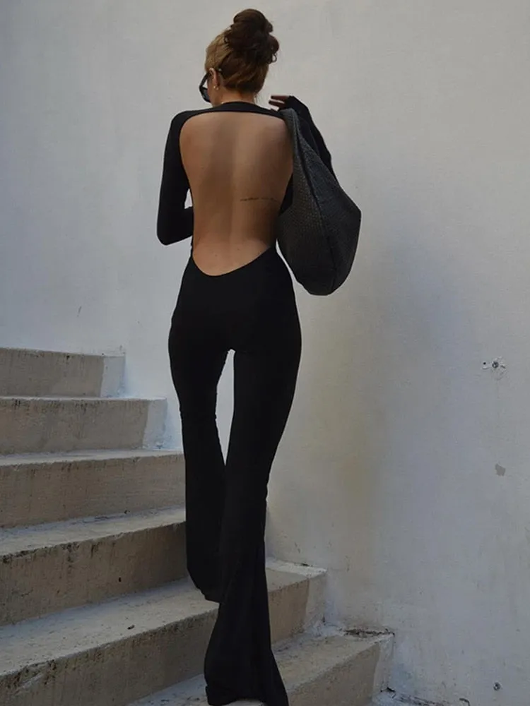 Seductive Black Bodycon Jumpsuit with Open Back & Flared Pants