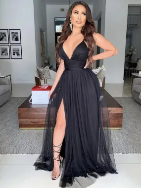 Sexy V Neck Black Long Prom with High Slit, V Neck Black Formal Graduation Evening