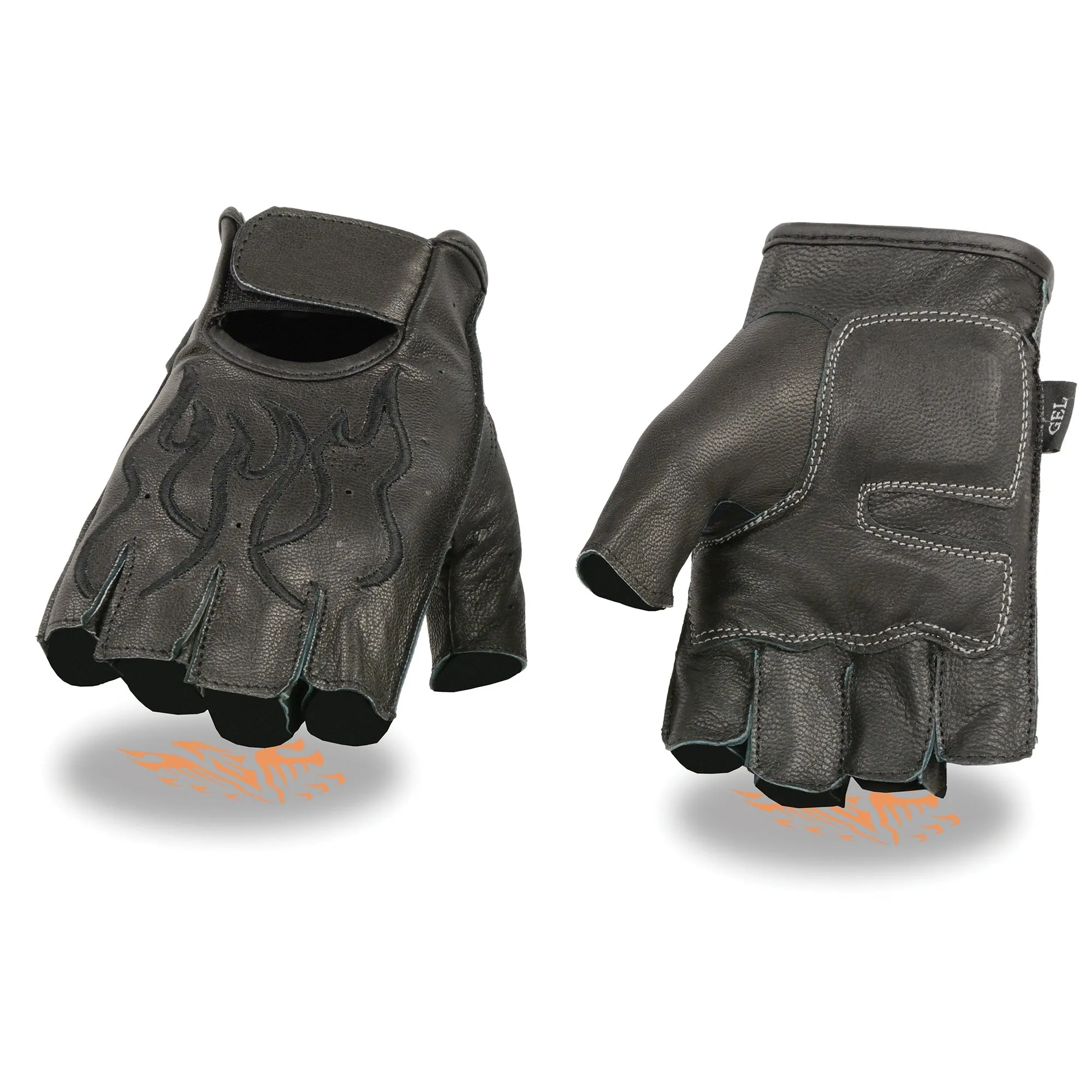 SH198-BLACK Men's Flame Embroidered Fingerless Glove w/ Gel Palm