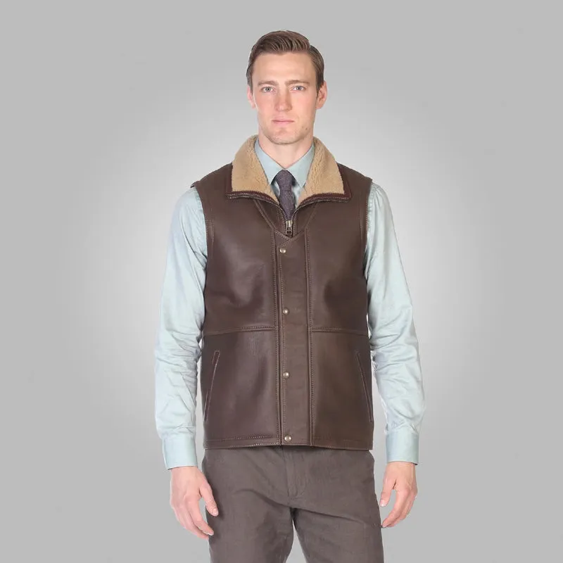 Shop Rfx Leather Stylish Mens Brown Leather Shearling Vest for Less