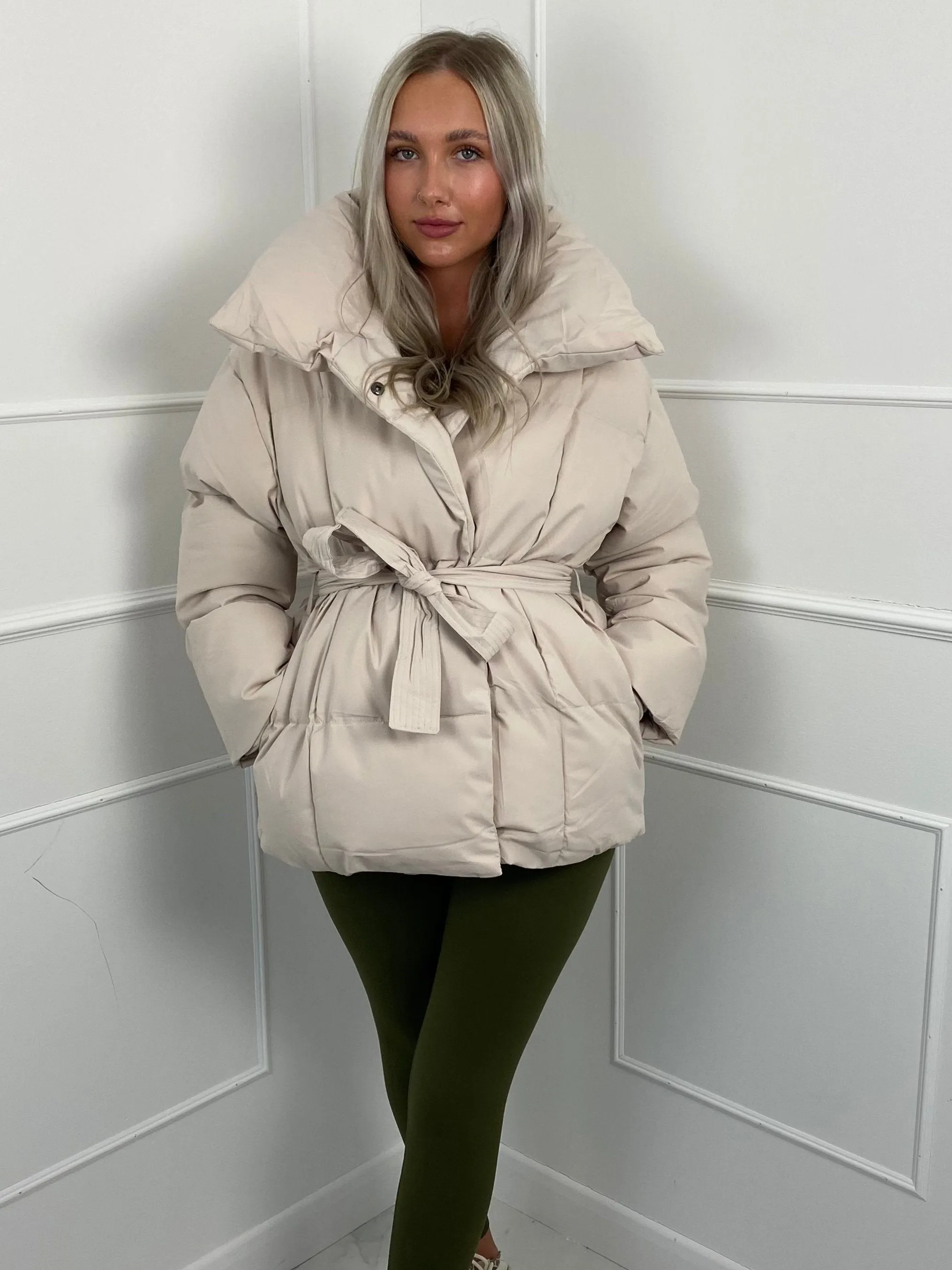 Short Belted Puffer Jacket- Cream