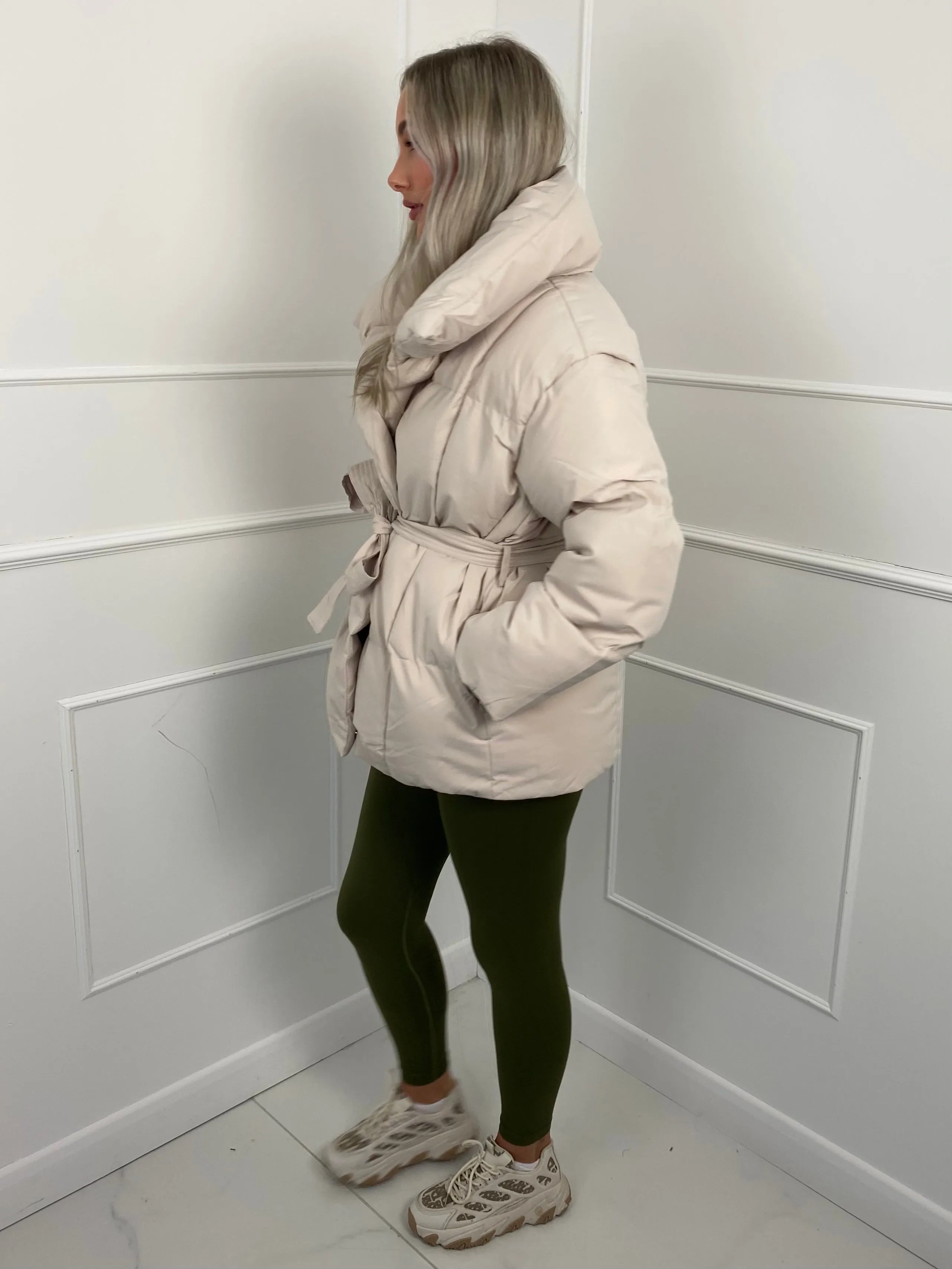 Short Belted Puffer Jacket- Cream