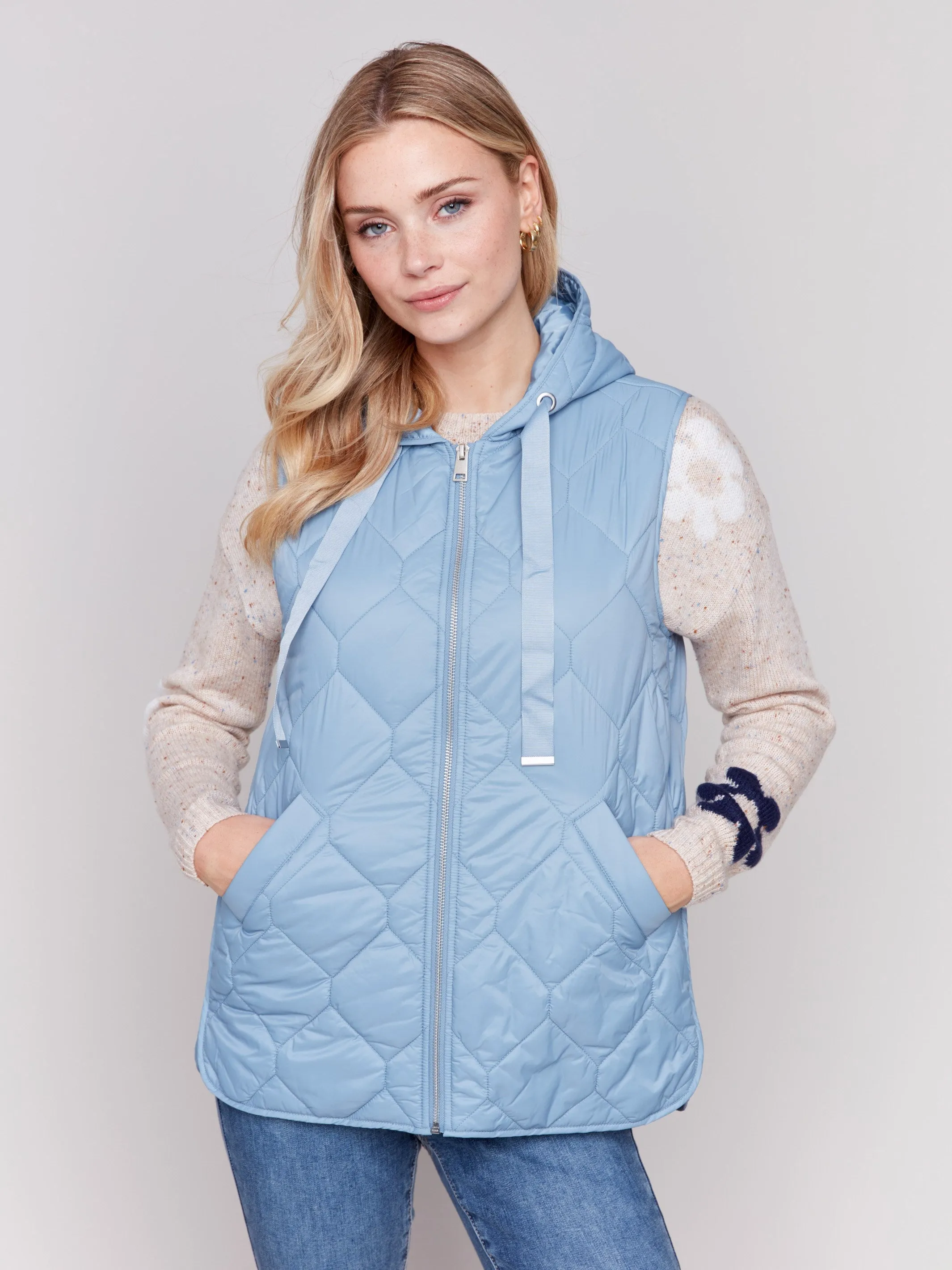 Short Quilted Puffer Vest with Hood - Frost