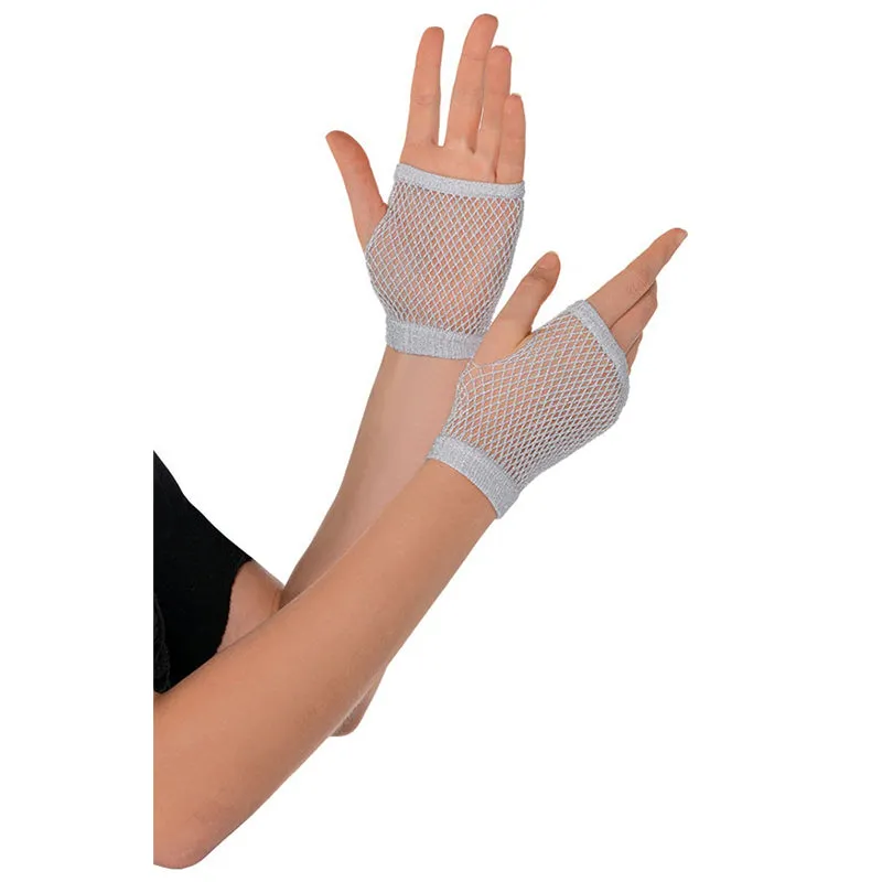 Silver Short Fishnet Gloves