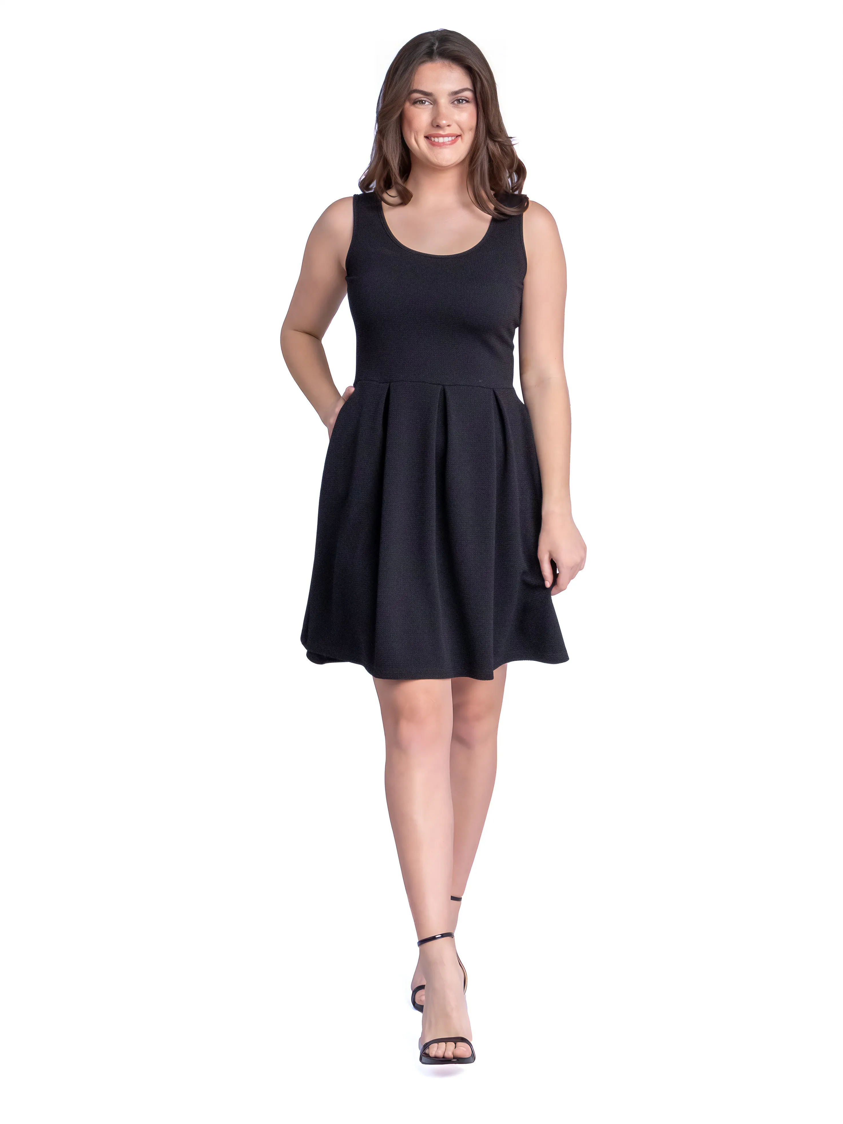 Sleeveless Pleated Skater Dress with Pockets