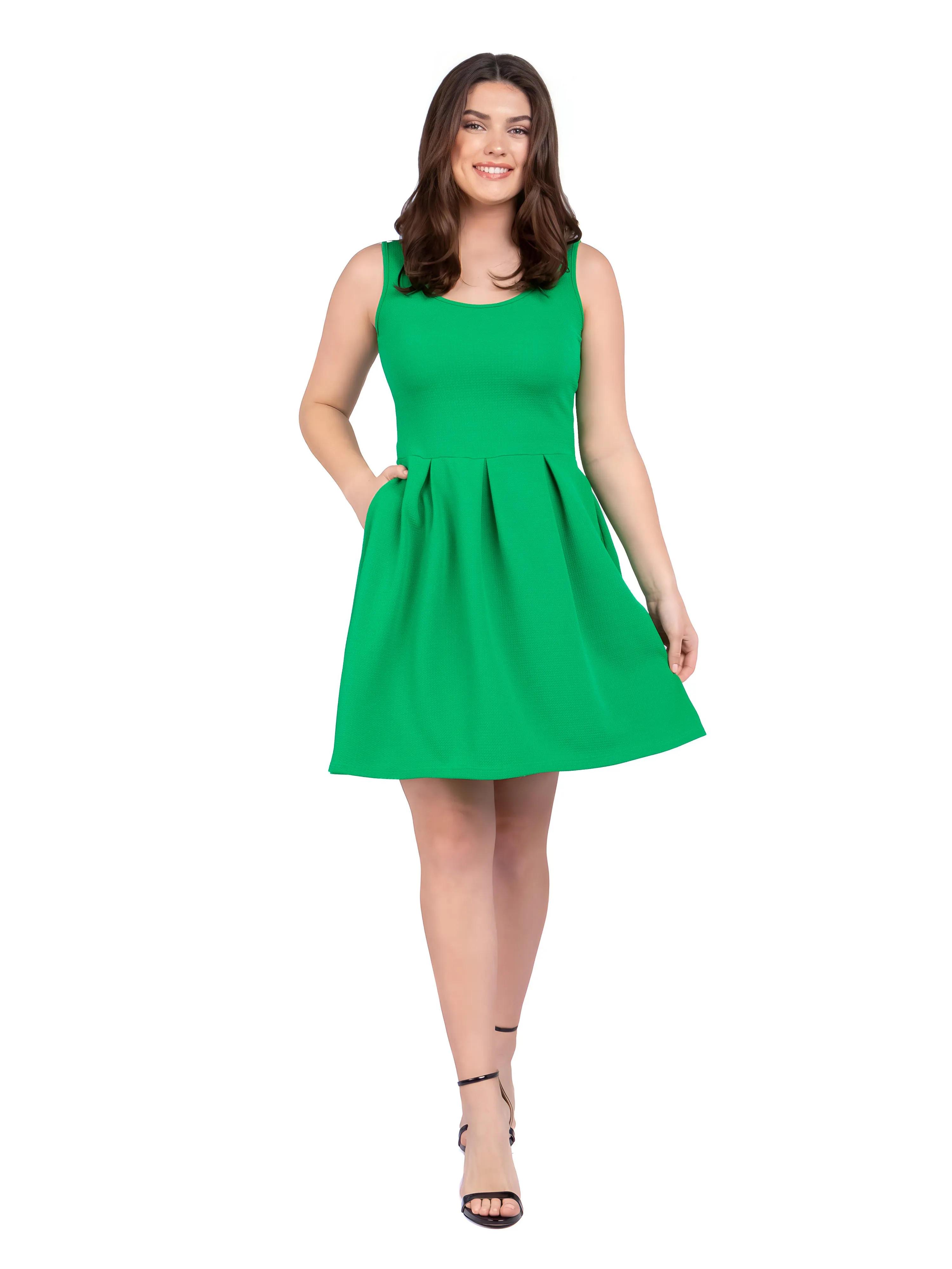 Sleeveless Pleated Skater Dress with Pockets