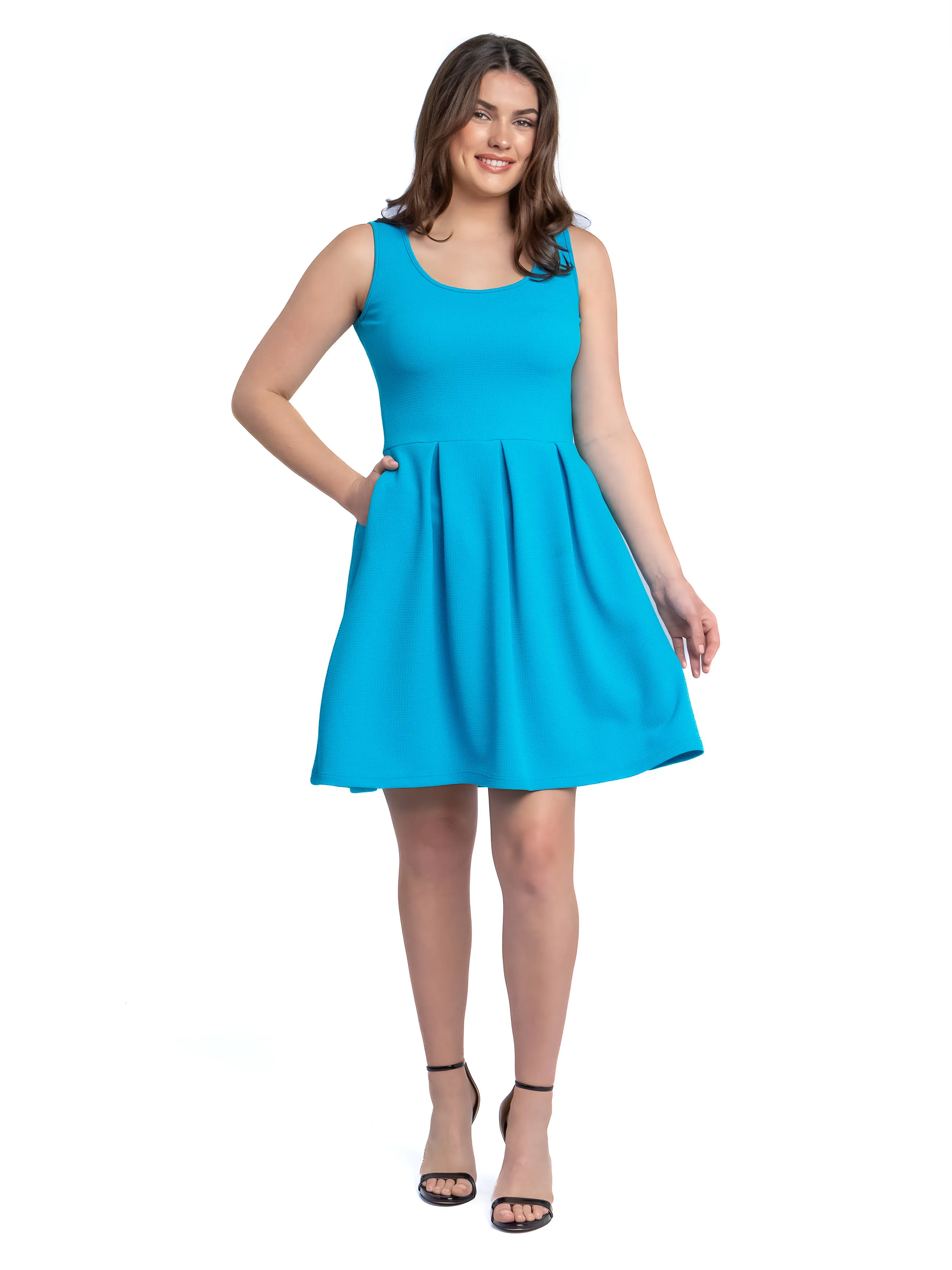 Sleeveless Pleated Skater Dress with Pockets