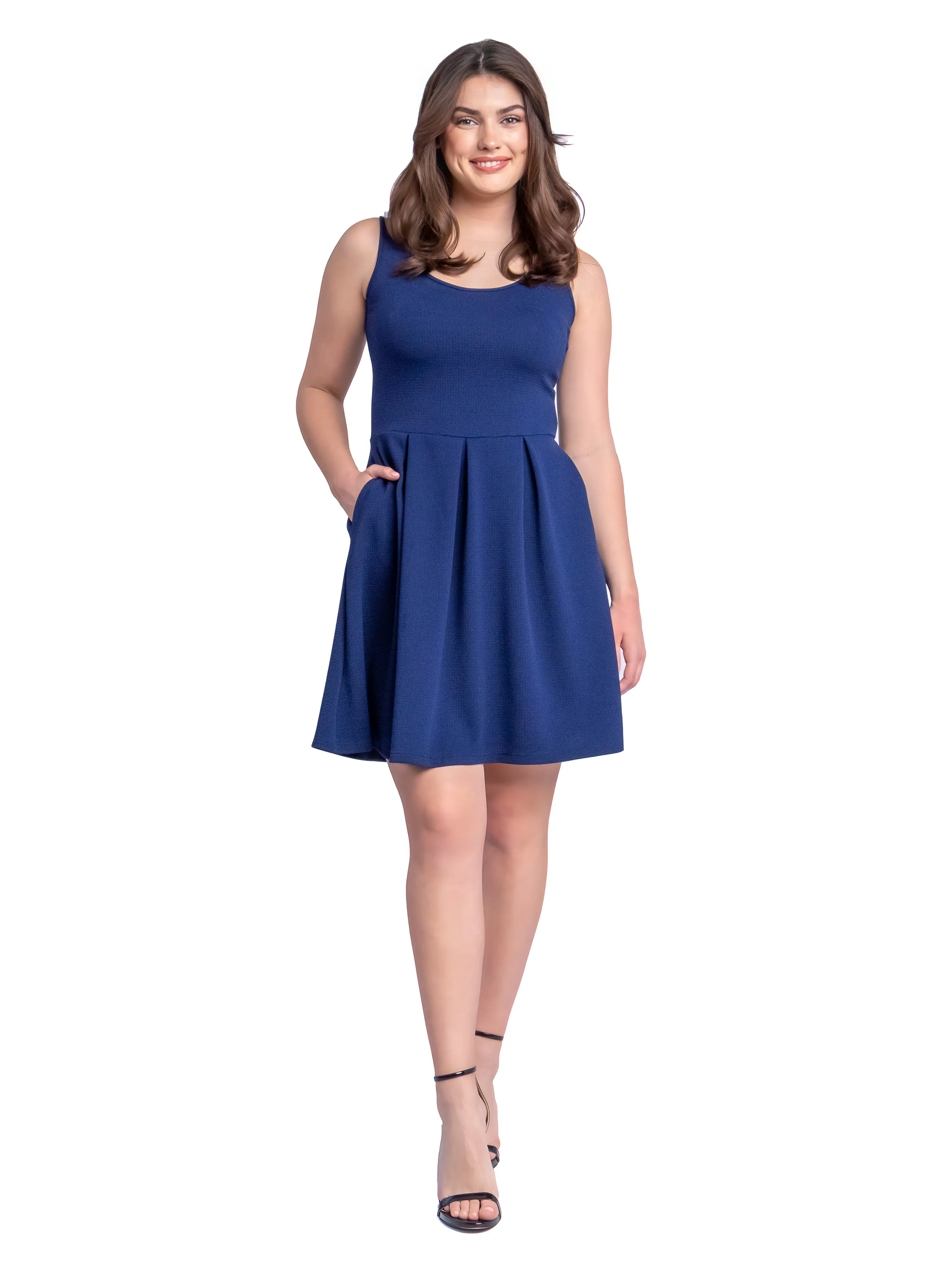 Sleeveless Pleated Skater Dress with Pockets