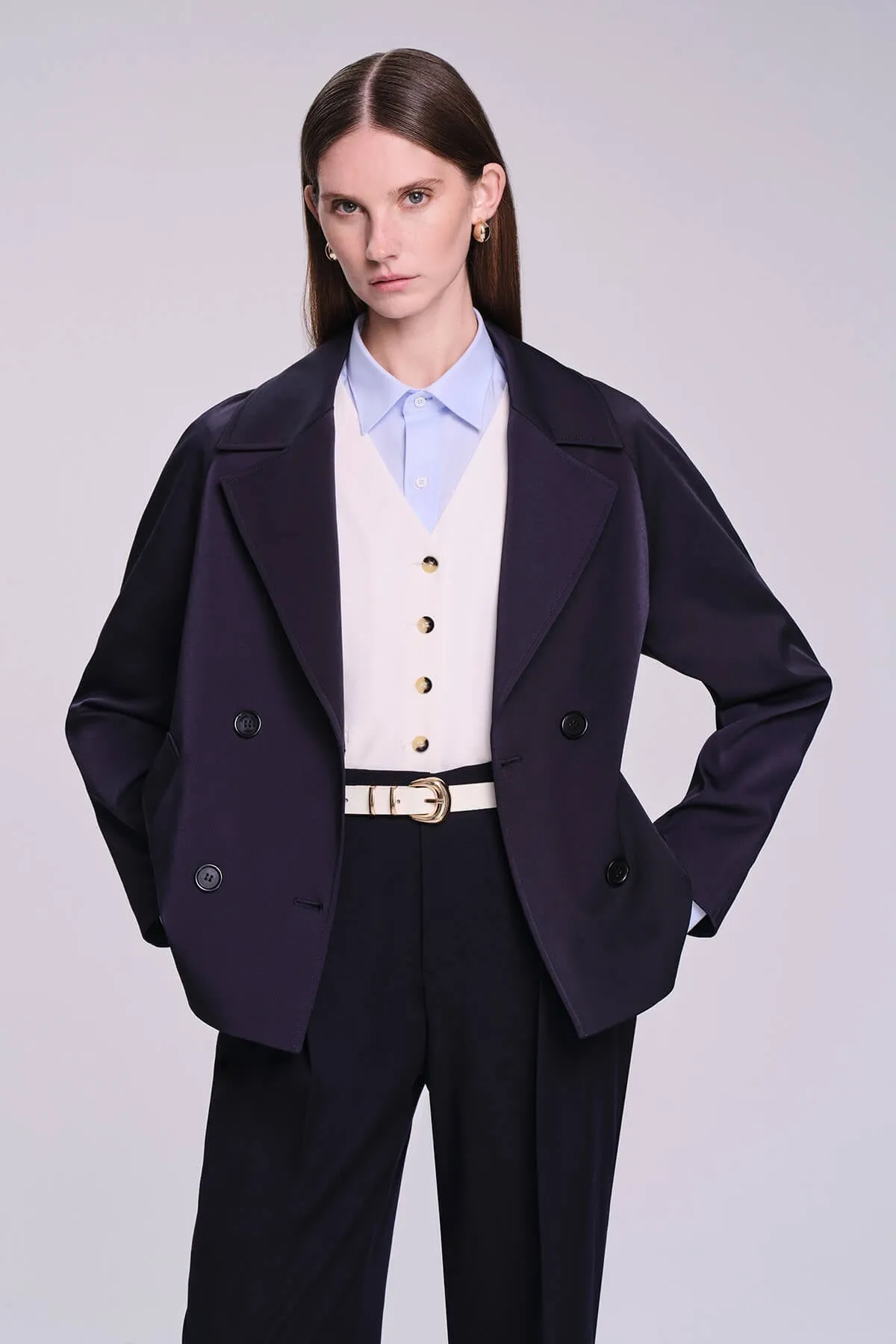 Slim Fit Cachet Sarah Cotton Blend Navy Long Coat