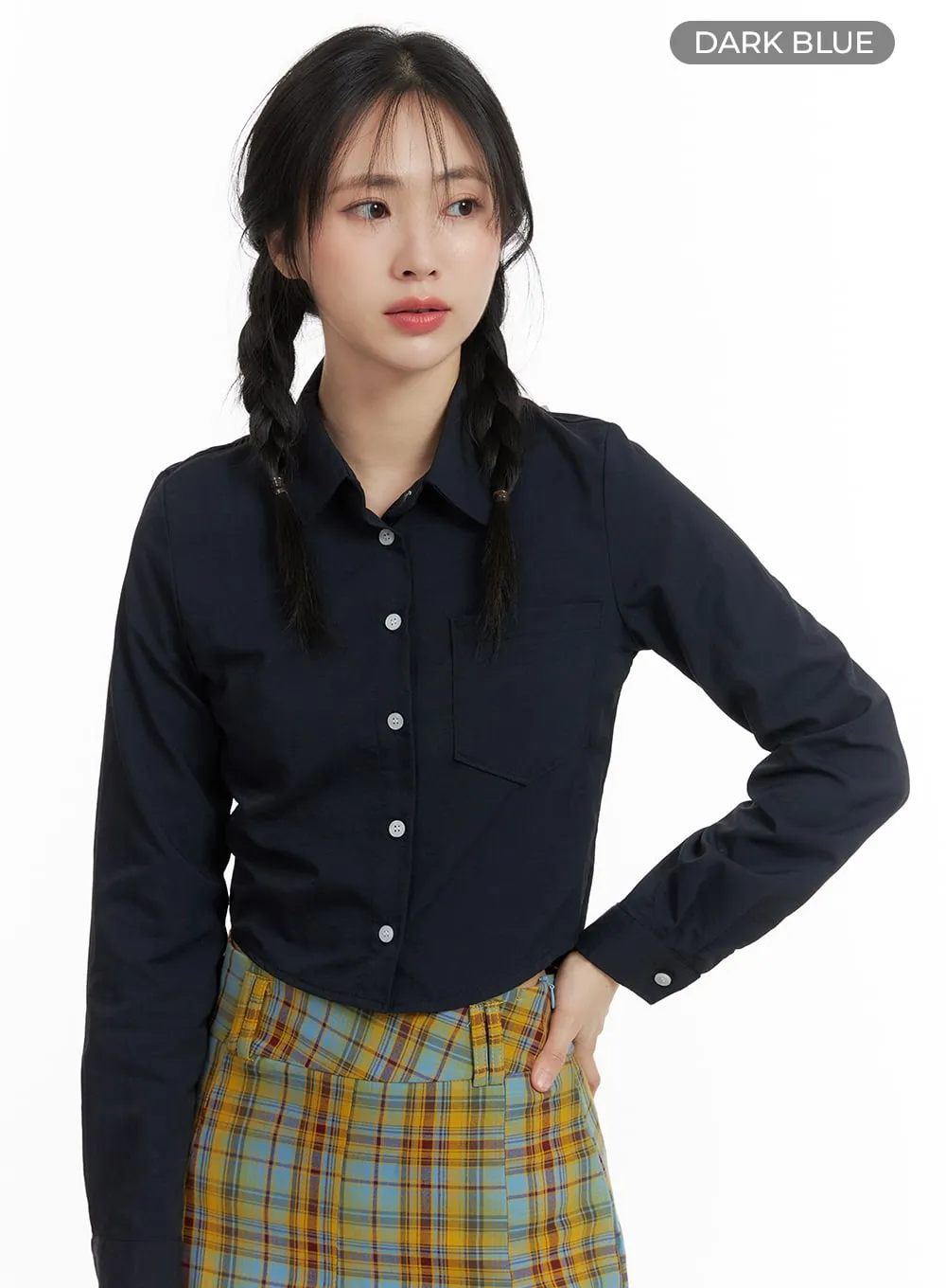 Solid Collar Button-Up Crop Top OM408