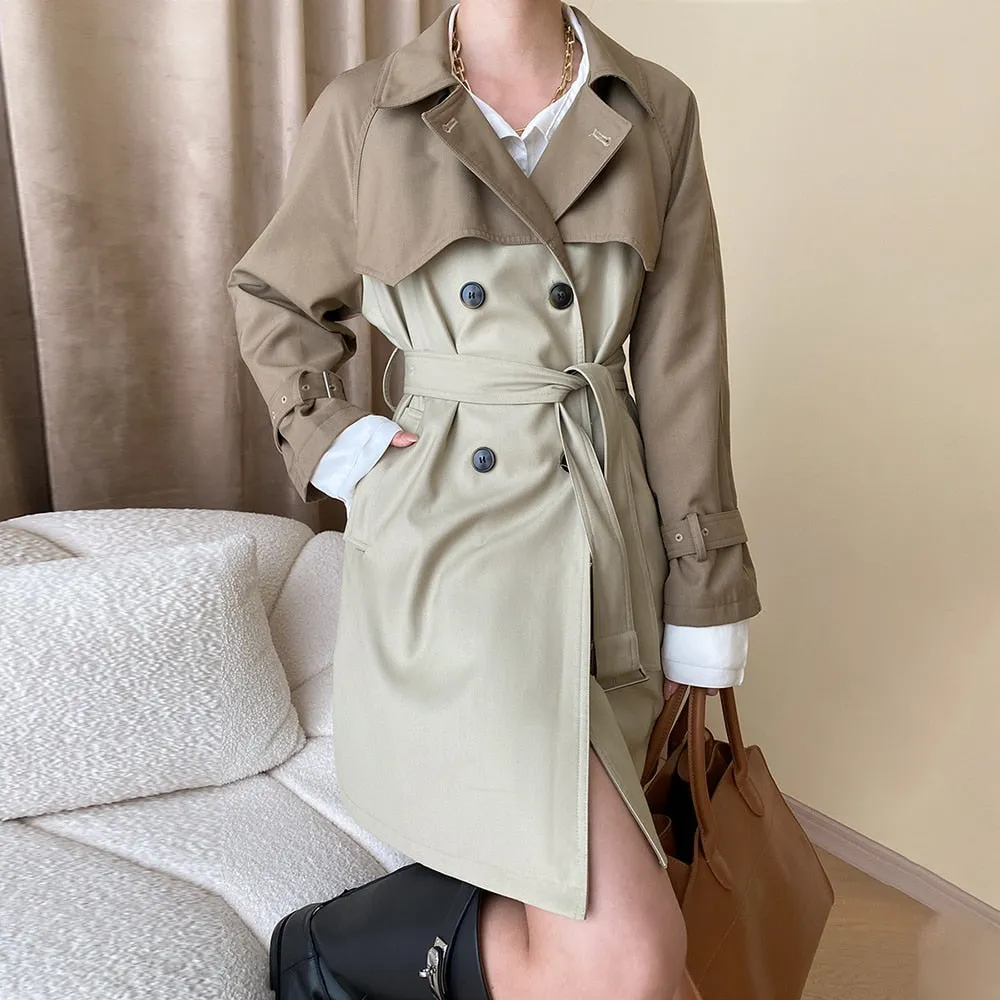 Spliced Lace Up Casual Trenches For Women Lapel Long Sleeve Tunic Patchwork Button Chic Trench Female Fashion