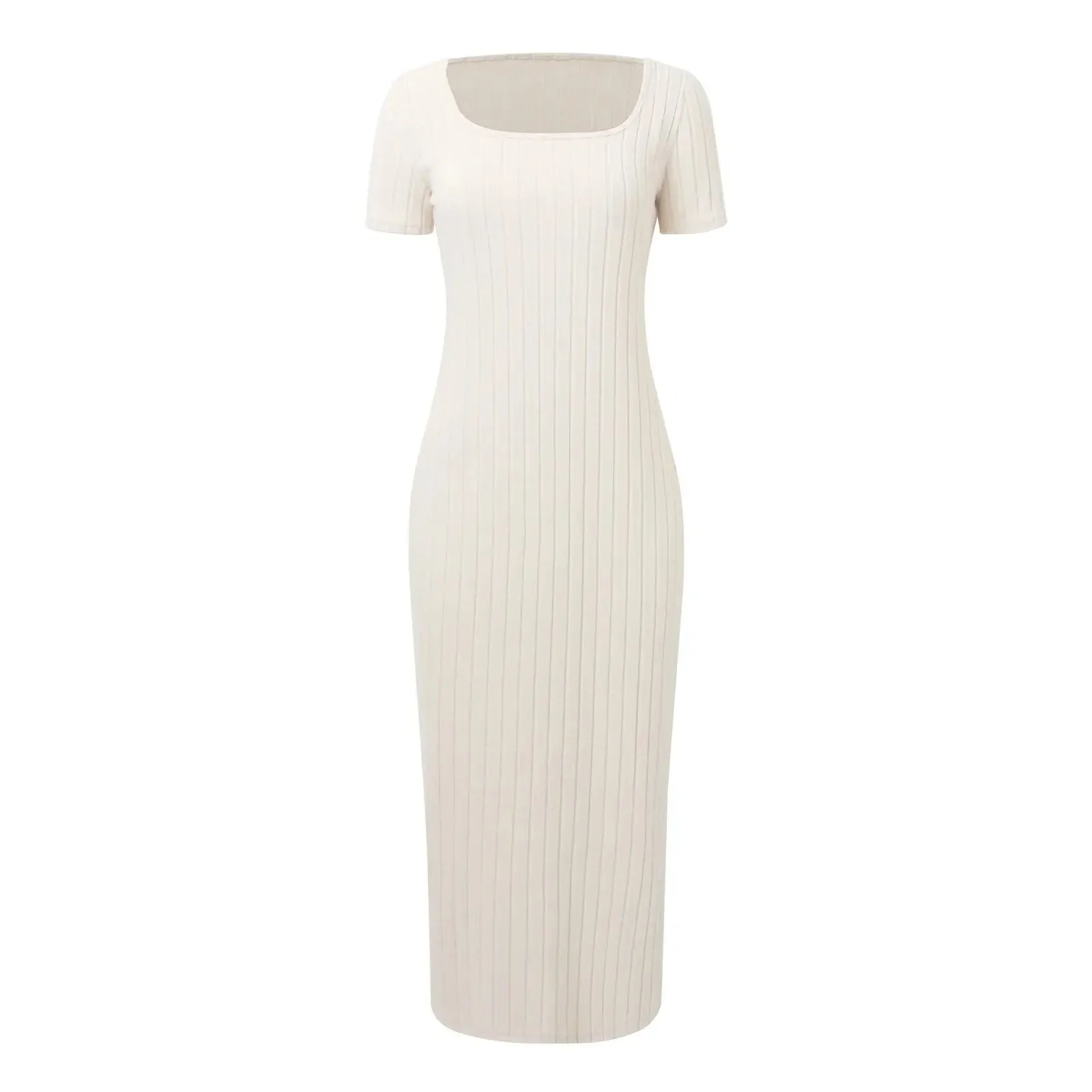 Square Neck Knit Side Slit Women's Bodycon Midi Dress - Summer 2024