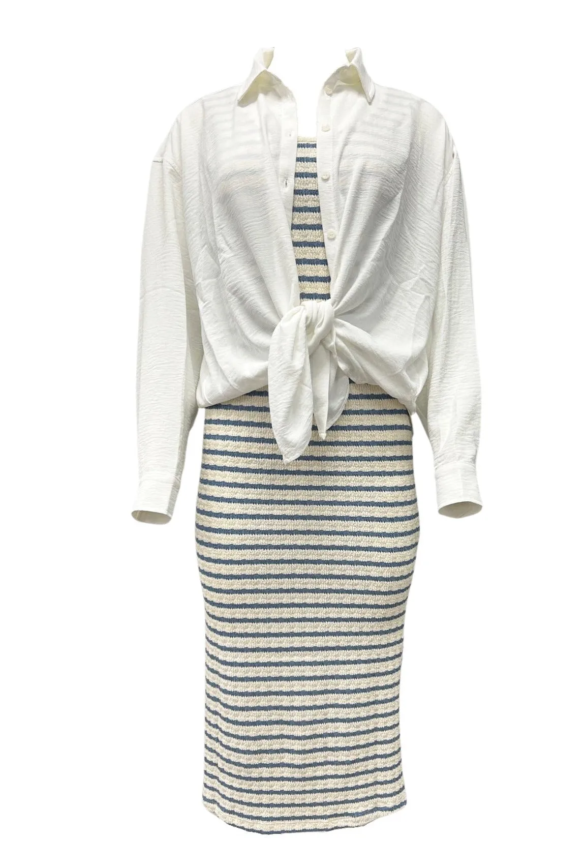 Striped Knit Scoop Neck Sleeveless Midi Dress - Chambray Blue & Cream Stripes