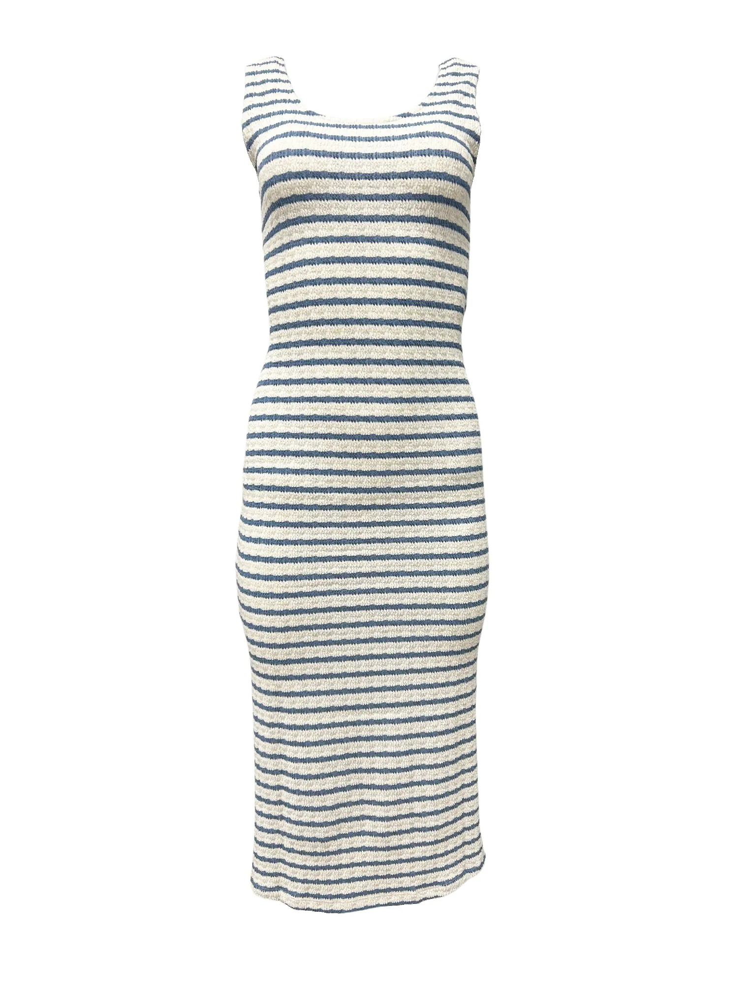 Striped Knit Scoop Neck Sleeveless Midi Dress - Chambray Blue & Cream Stripes