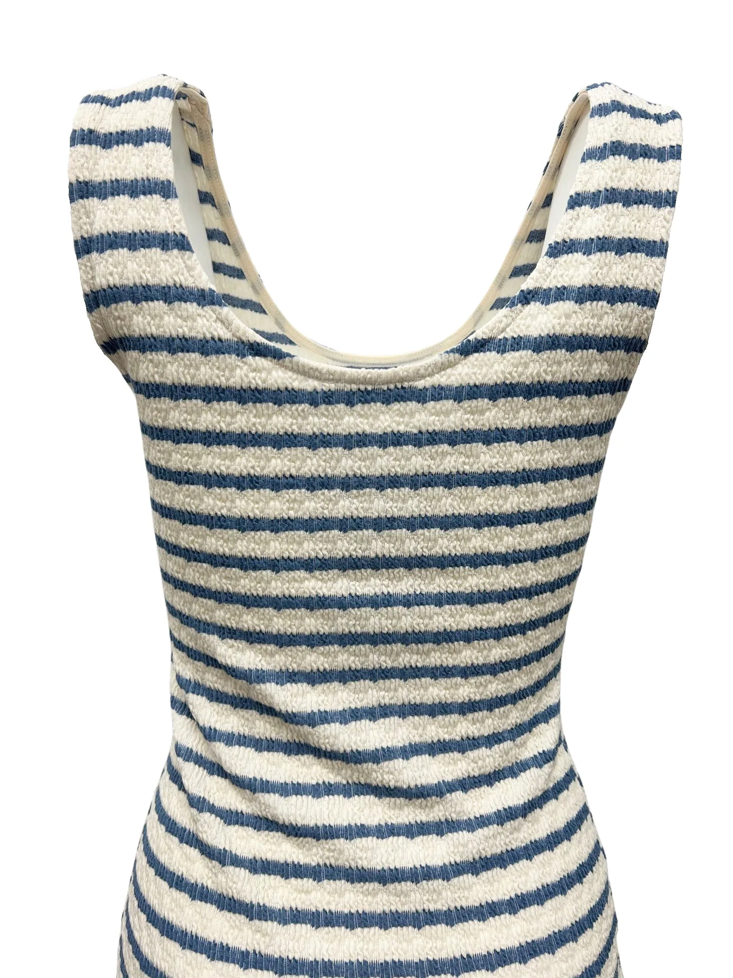 Striped Knit Scoop Neck Sleeveless Midi Dress - Chambray Blue & Cream Stripes