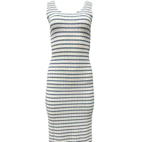 Striped Knit Scoop Neck Sleeveless Midi Dress - Chambray Blue & Cream Stripes