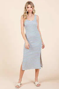 Striped Knit Scoop Neck Sleeveless Midi Dress - Chambray Blue & Cream Stripes