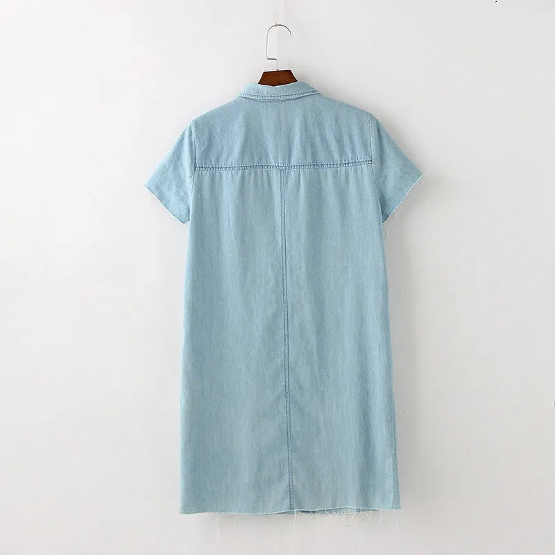 Summer dress short sleeve denim patchs women dress and casual shirt dress