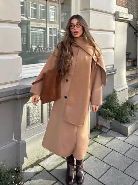 TAVIMART  -  Women Elegant Brown Long Woolen Coats With Scarf Fashion Double Breasted Oversized Thicken Overcoats Lady Daily Streetwear