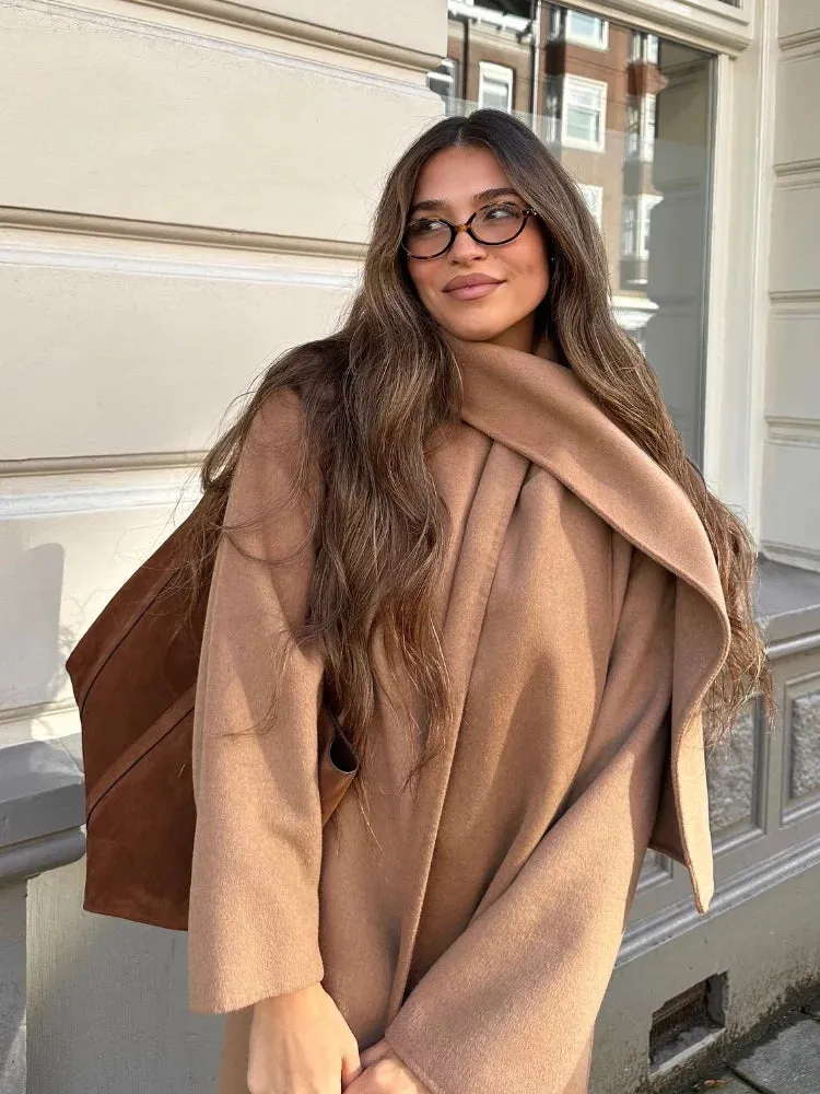 TAVIMART  -  Women Elegant Brown Long Woolen Coats With Scarf Fashion Double Breasted Oversized Thicken Overcoats Lady Daily Streetwear