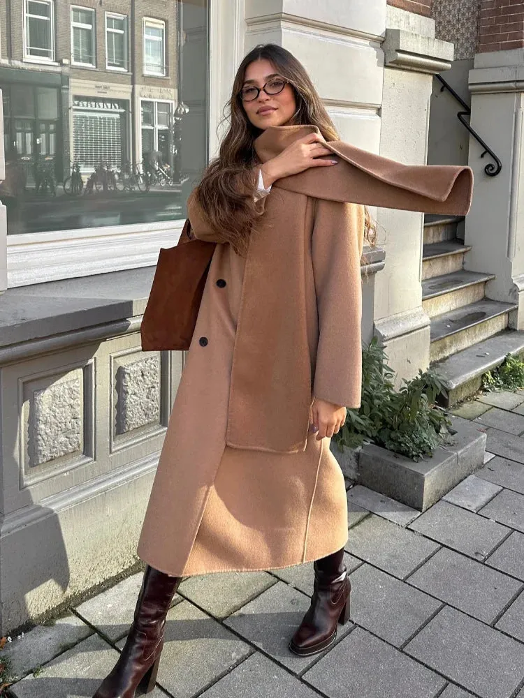 TAVIMART  -  Women Elegant Brown Long Woolen Coats With Scarf Fashion Double Breasted Oversized Thicken Overcoats Lady Daily Streetwear