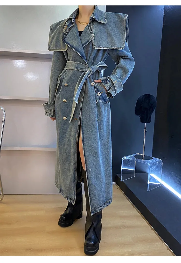 TEEK - Did She Double Breasted Denim Trench Coat