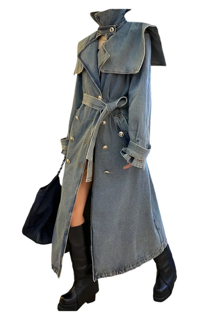 TEEK - Did She Double Breasted Denim Trench Coat