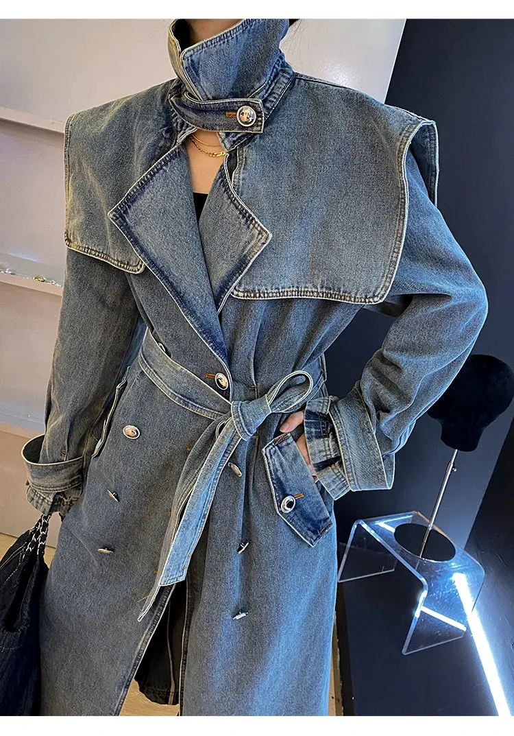 TEEK - Did She Double Breasted Denim Trench Coat