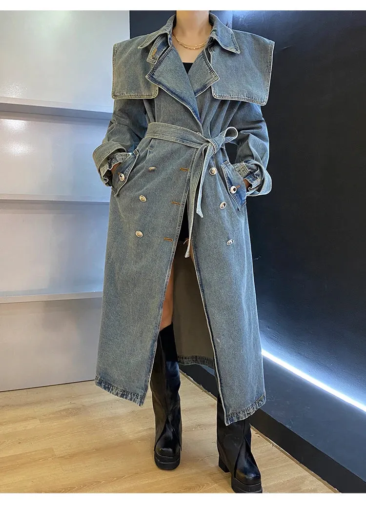 TEEK - Did She Double Breasted Denim Trench Coat