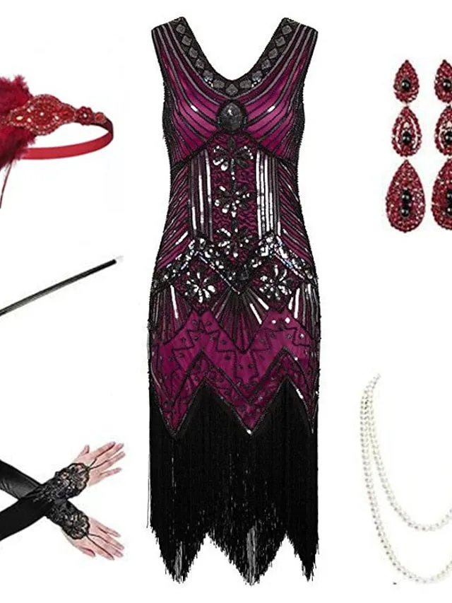 The Great Gatsby Charleston Plus Size Roaring 20s 1920s Cocktail Dress Vintage Dress Flapper Dress Prom Dress Prom Dresses Women's Feather Costume Vintage Cosplay 1 Necklace New Year