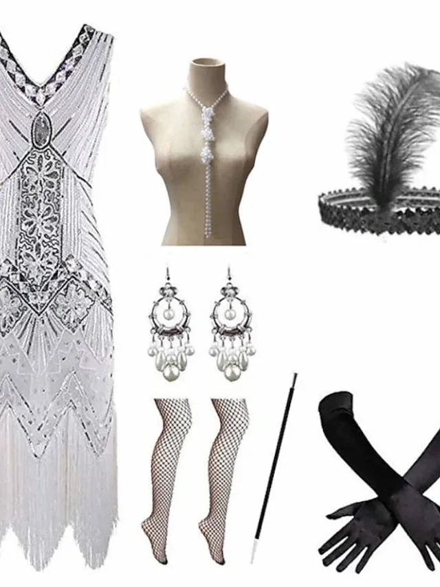 The Great Gatsby Charleston Plus Size Roaring 20s 1920s Cocktail Dress Vintage Dress Flapper Dress Prom Dress Prom Dresses Women's Feather Costume Vintage Cosplay 1 Necklace New Year