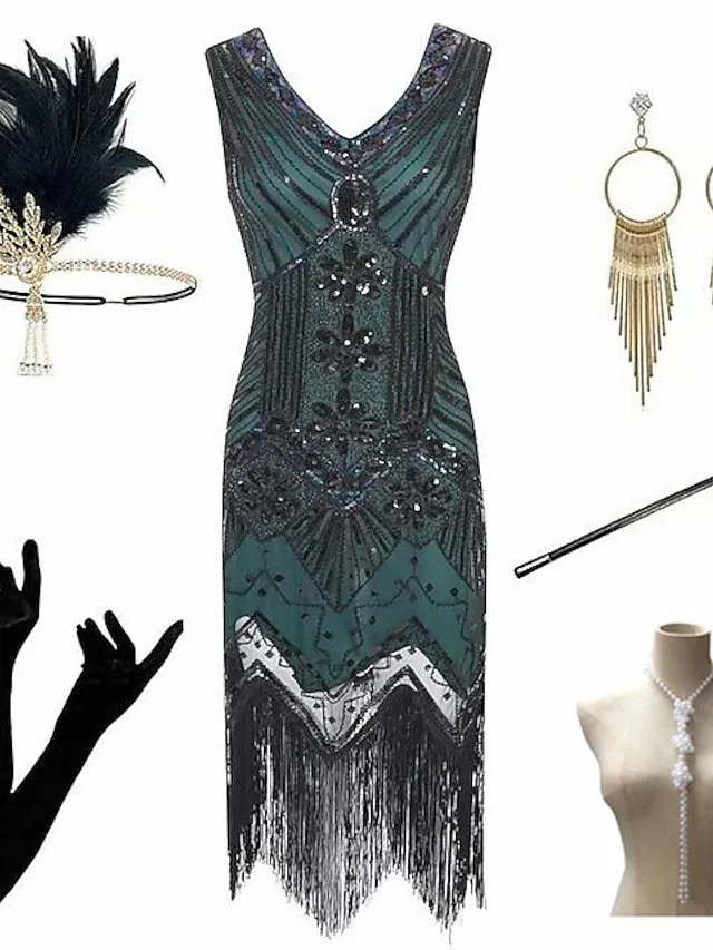 The Great Gatsby Charleston Plus Size Roaring 20s 1920s Cocktail Dress Vintage Dress Flapper Dress Prom Dress Prom Dresses Women's Feather Costume Vintage Cosplay 1 Necklace New Year