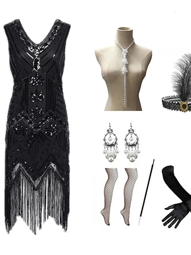 The Great Gatsby Charleston Plus Size Roaring 20s 1920s Cocktail Dress Vintage Dress Flapper Dress Prom Dress Prom Dresses Women's Feather Costume Vintage Cosplay 1 Necklace New Year