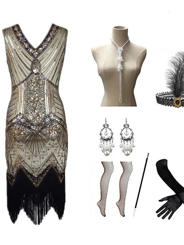 The Great Gatsby Charleston Plus Size Roaring 20s 1920s Cocktail Dress Vintage Dress Flapper Dress Prom Dress Prom Dresses Women's Feather Costume Vintage Cosplay 1 Necklace New Year