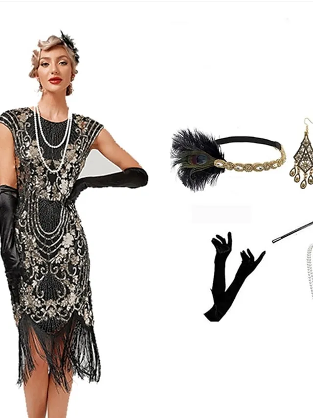 The Great Gatsby Charleston Plus Size Roaring 20s 1920s Cocktail Dress Vintage Dress Flapper Dress Prom Dress Prom Dresses Women's Feather Costume Vintage Cosplay 1 Necklace New Year