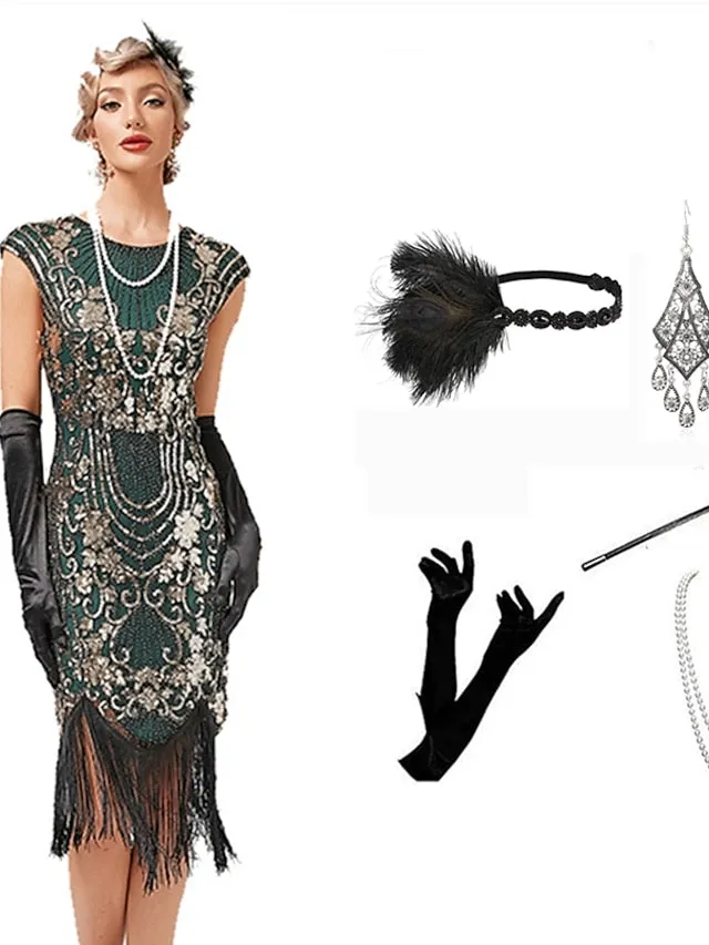 The Great Gatsby Charleston Plus Size Roaring 20s 1920s Cocktail Dress Vintage Dress Flapper Dress Prom Dress Prom Dresses Women's Feather Costume Vintage Cosplay 1 Necklace New Year