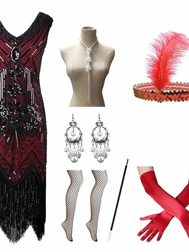 The Great Gatsby Charleston Plus Size Roaring 20s 1920s Cocktail Dress Vintage Dress Flapper Dress Prom Dress Prom Dresses Women's Feather Costume Vintage Cosplay 1 Necklace New Year