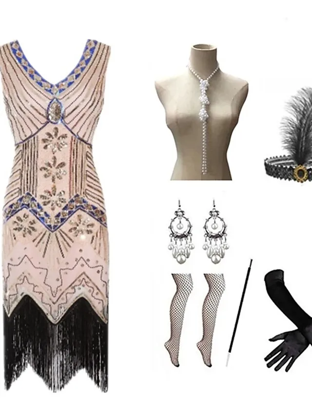 The Great Gatsby Charleston Plus Size Roaring 20s 1920s Cocktail Dress Vintage Dress Flapper Dress Prom Dress Prom Dresses Women's Feather Costume Vintage Cosplay 1 Necklace New Year