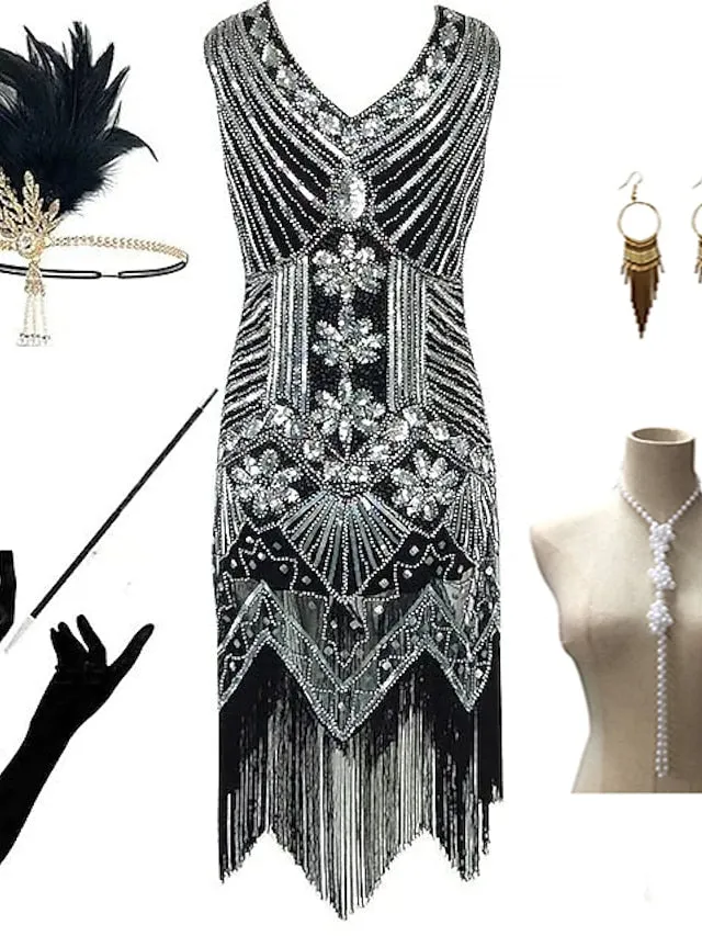 The Great Gatsby Charleston Plus Size Roaring 20s 1920s Cocktail Dress Vintage Dress Flapper Dress Prom Dress Prom Dresses Women's Feather Costume Vintage Cosplay 1 Necklace New Year