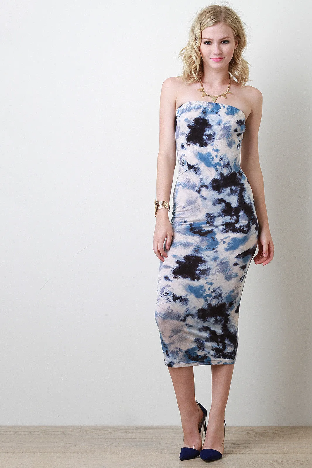 Tie Dye Strapless Midi Dress