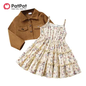 Toddler Girl Buttons Front Long-sleeve Jacket and Floral Print Ruffle Slip Dress Set Perfect for Outings 2pcs