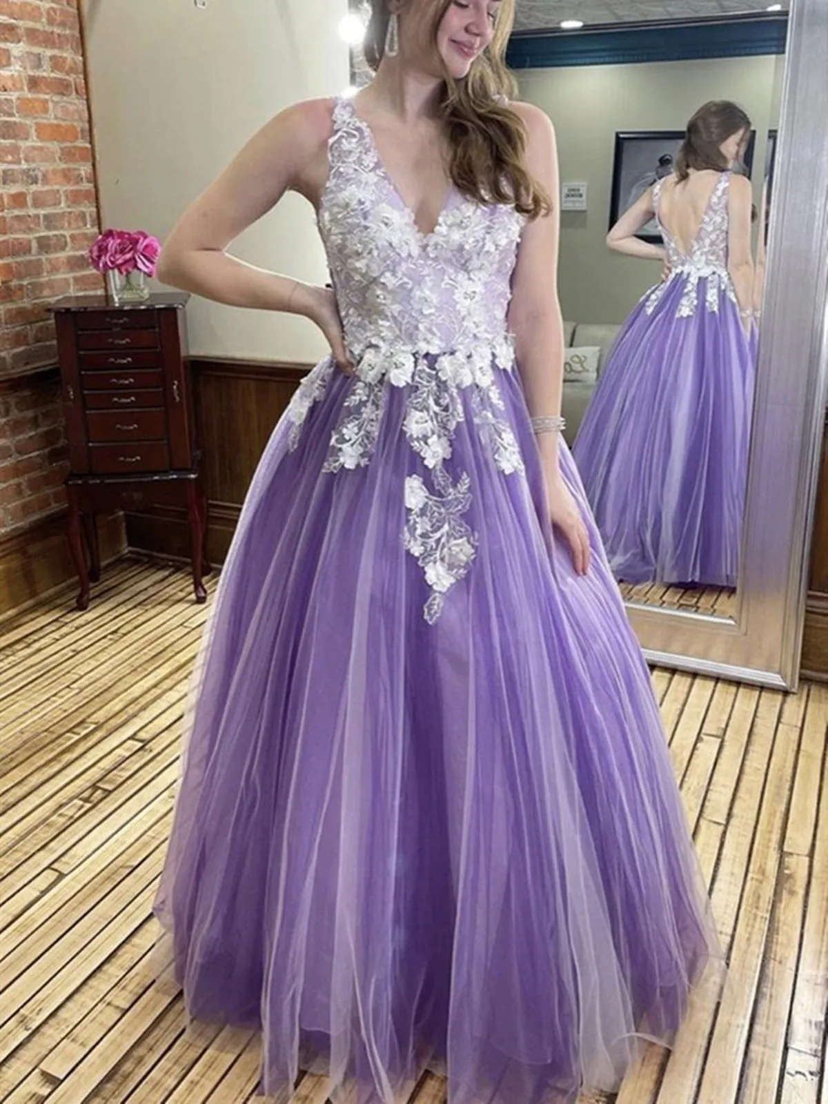 V Neck and V Back Purple Lace Floral Prom, 3D Flower Purple Long Formal Evening