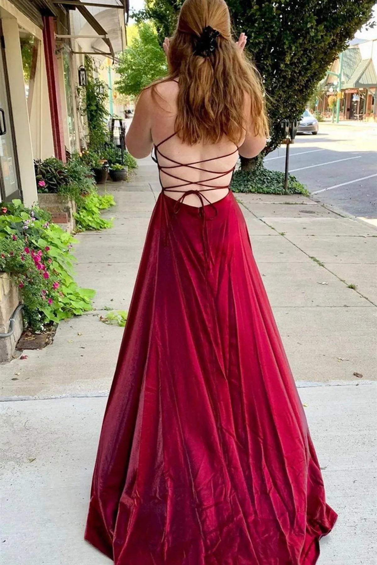 V Neck Backless Burgundy Satin Long Prom Dress, Backless Burgundy Formal Graduation Evening Dress A1407