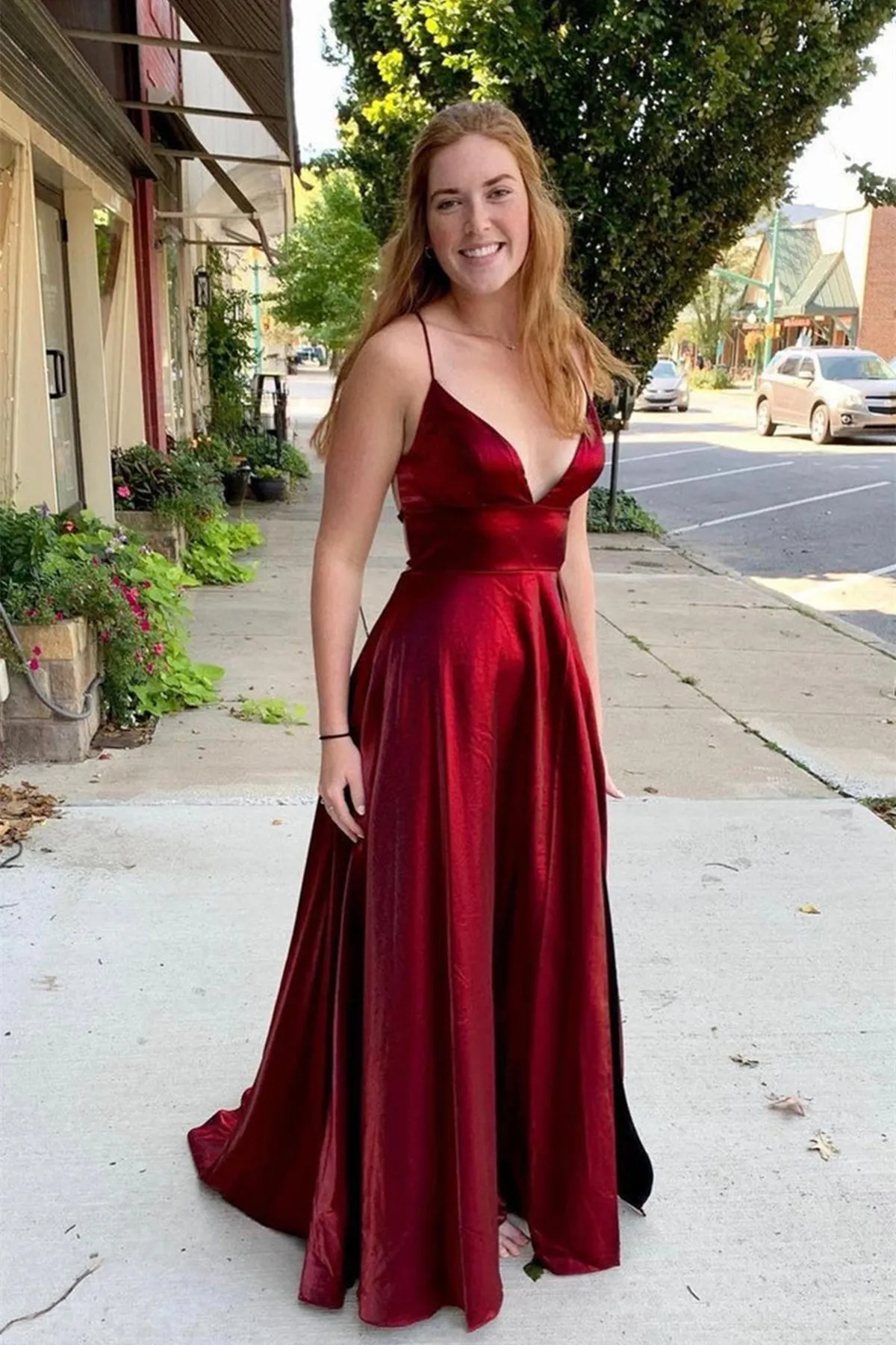 V Neck Backless Burgundy Satin Long Prom Dress, Backless Burgundy Formal Graduation Evening Dress A1407