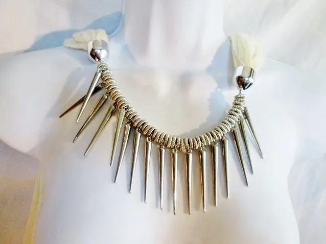 Vegan Steampunk SPIKE FETISH Scarf Necklace Boa Fringe Bead WHITE SILVER Cosplay