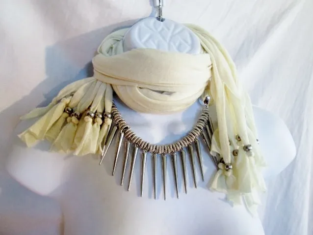 Vegan Steampunk SPIKE FETISH Scarf Necklace Boa Fringe Bead WHITE SILVER Cosplay