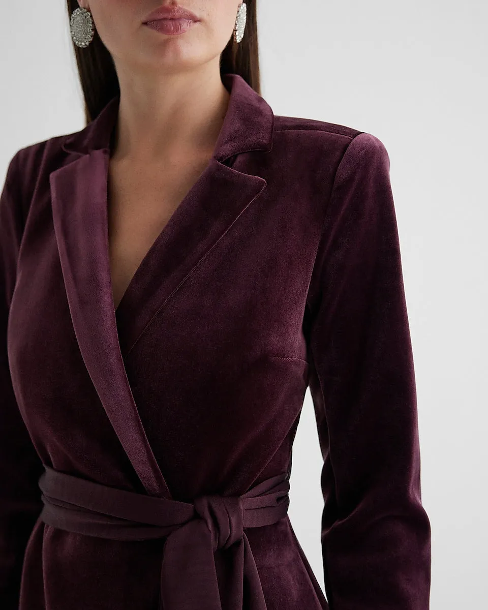 Velvet Long Sleeve Open Back Tie Waist Blazer Romper in Wine