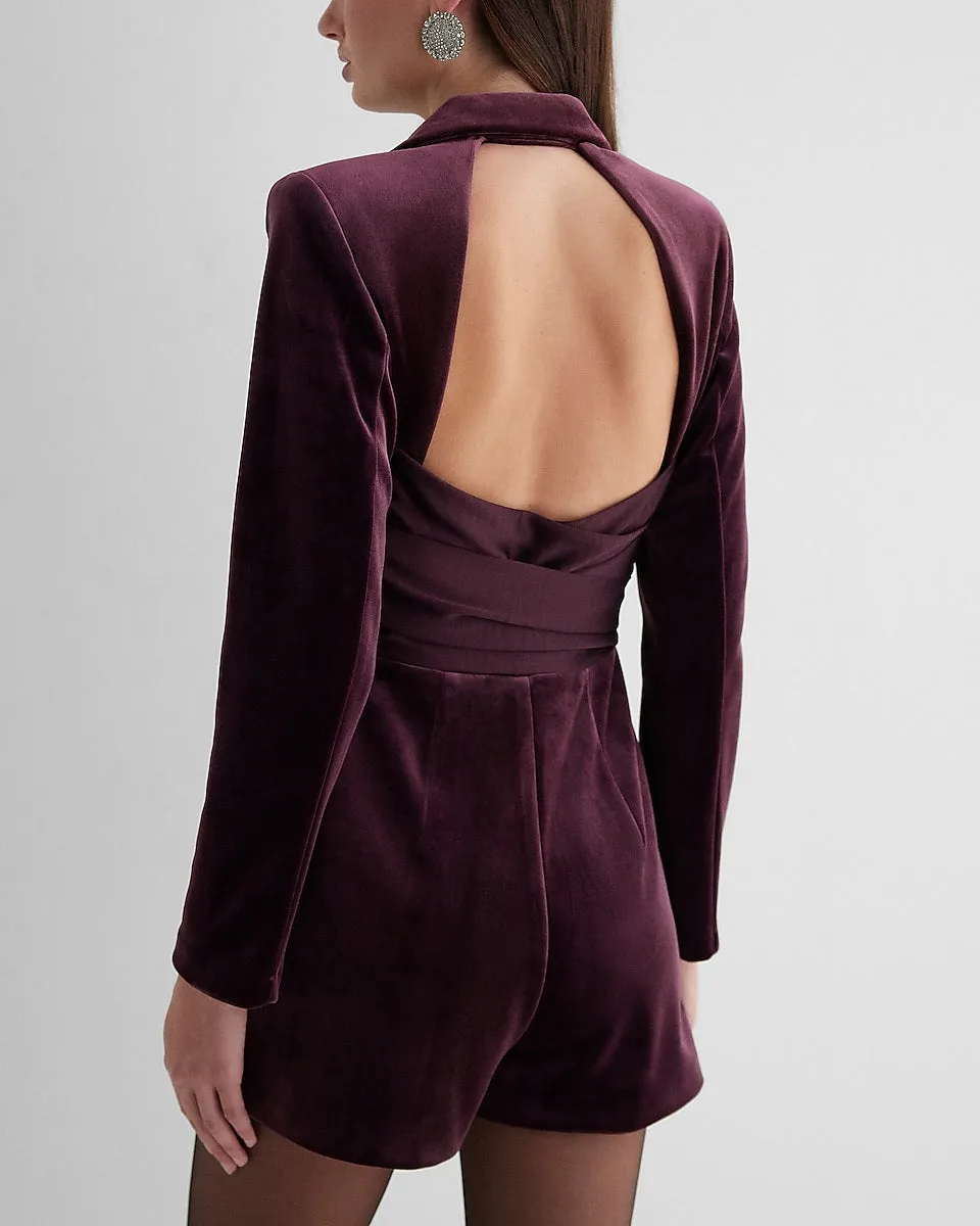 Velvet Long Sleeve Open Back Tie Waist Blazer Romper in Wine